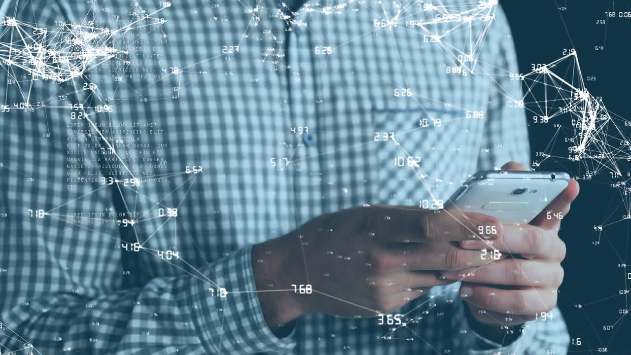 Animation of network of connections over man using smartphone