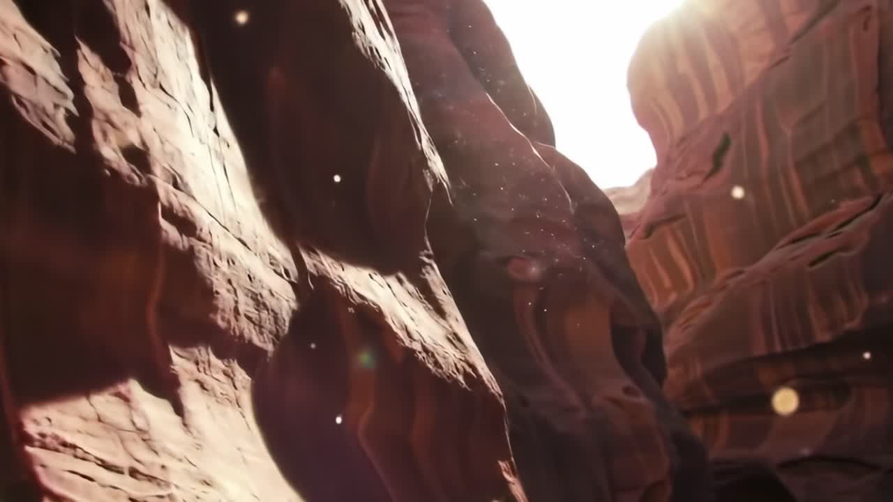 A captivating journey through sunlit canyons, where golden dust dances in the warm air beneath towering red sandstone cliffs, enhancing the beauty of nature's artistry