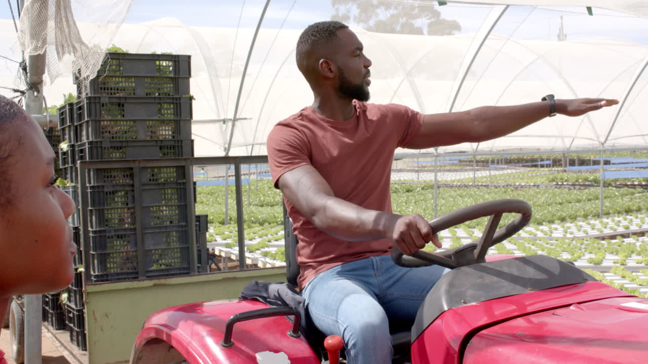 Driving tractor, african american man pointing and discussing work at hydroponic farm greenhouse