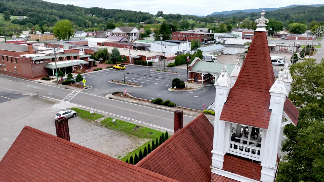 aerial over church steeple in mountain city tennessee