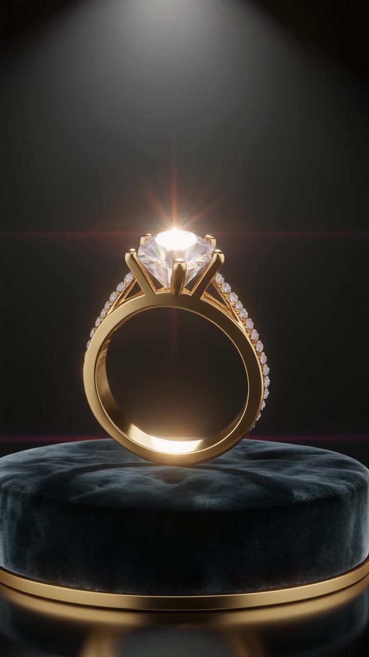 Zlatý zásnubní prsten s diamantem stojí na tmavém sametovém podstavci pod jemným reflektorem v tmavém studiu