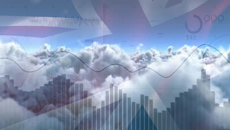 animation of data processing over clouds and flag of uk