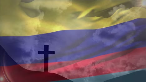 Animation-of-waving-colombia-flag-over-silhouette-of-a-cross-on-mountain-against-clouds-in-the-sky