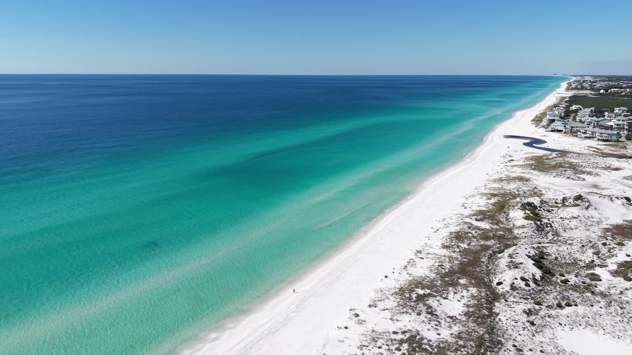 Drone orbit of white Santa Rosa Beach with deep turquoise Gulf water, Florida, USA