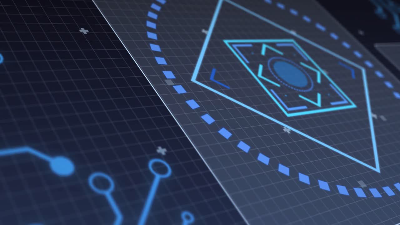 Animation of scope scanning and processor elements on screen over grid