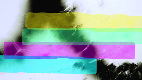 animation of pastel coloured stripes, over black ink spreading into white background