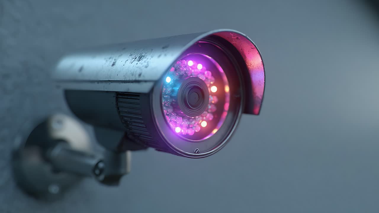 Vibrant Security Camera with LED Lighting Captured in Dynamic Frames Showcasing Advanced Surveillance Technology and Colorful Visual Features