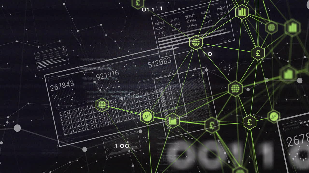animación del procesamiento de datos y globo con conexiones sobre fondo negro
