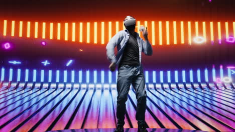 modern man in a neon lit night scene using vr high tech glasses