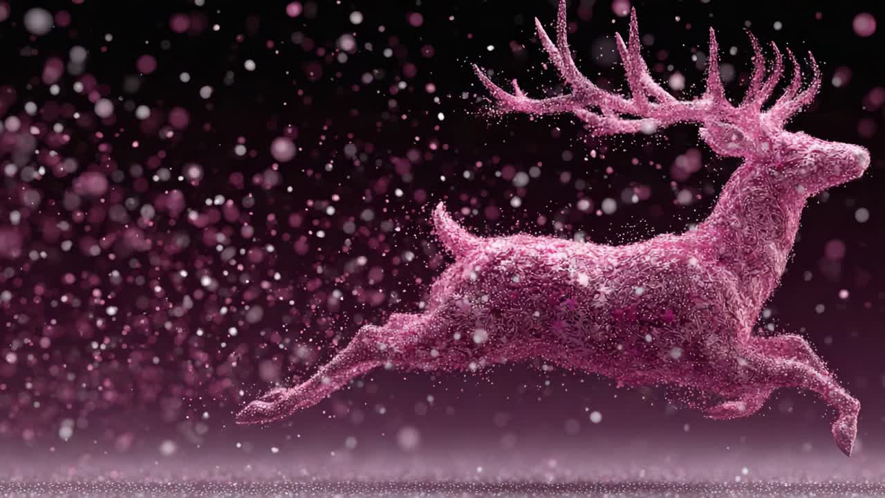 A Stunning Glimpse of a Spectacular Pink Reindeer in Motion as it Leaps Through a Whirlwind of Sparkling Snowflakes Against a Dark, Dreamy Background
