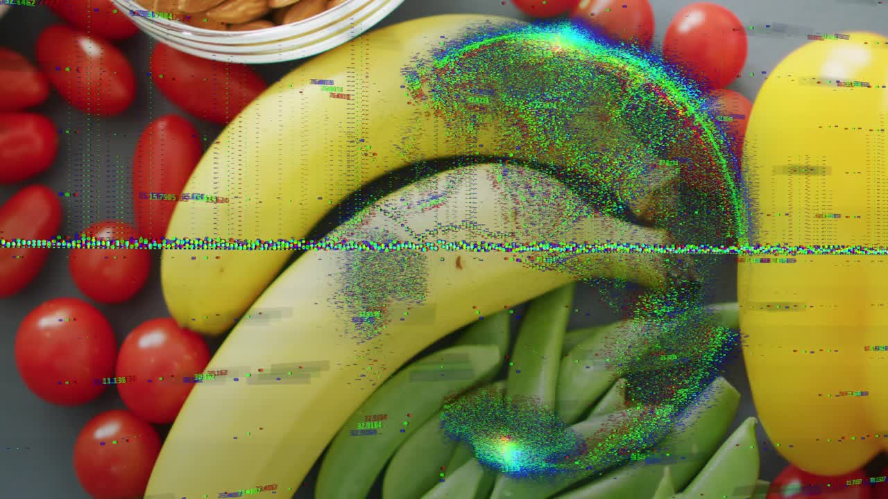 Apparizione di una banda glitch, con un vortice prismatico che avvolge banane e baccelli, mostrando un errore di segnale.