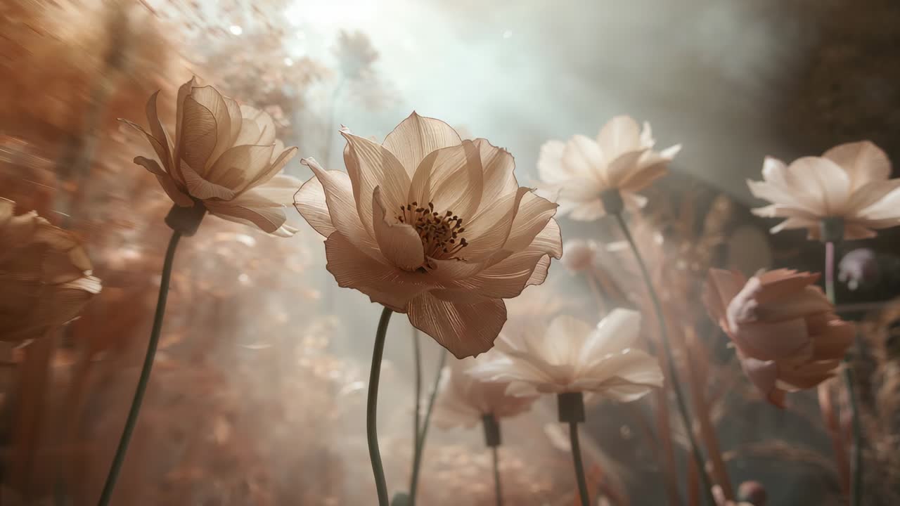 Central pale blossom swaying while camera moving closer in meadow, revealing petal veins and mist