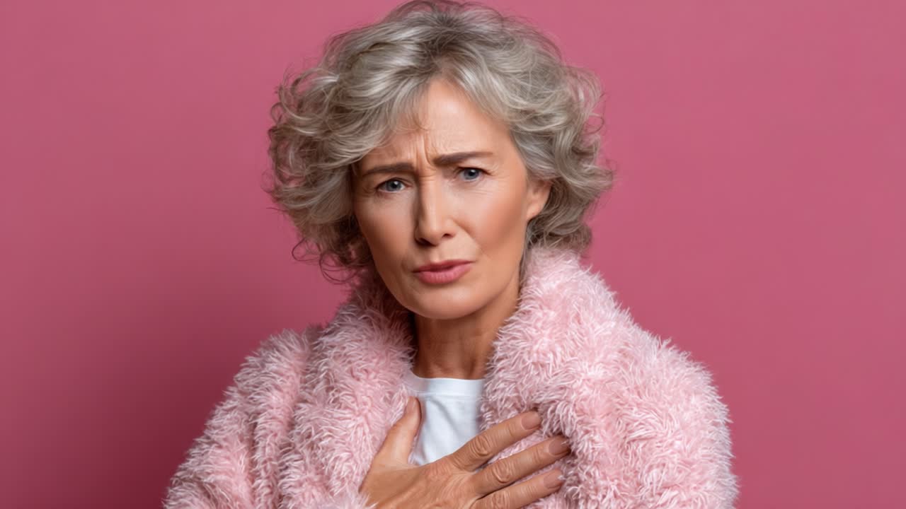 En bekymret, eldre kvinne uttrykker følelser foran en rosa bakgrunn, som viser sårbarhet og dybde gjennom sine uttrykk