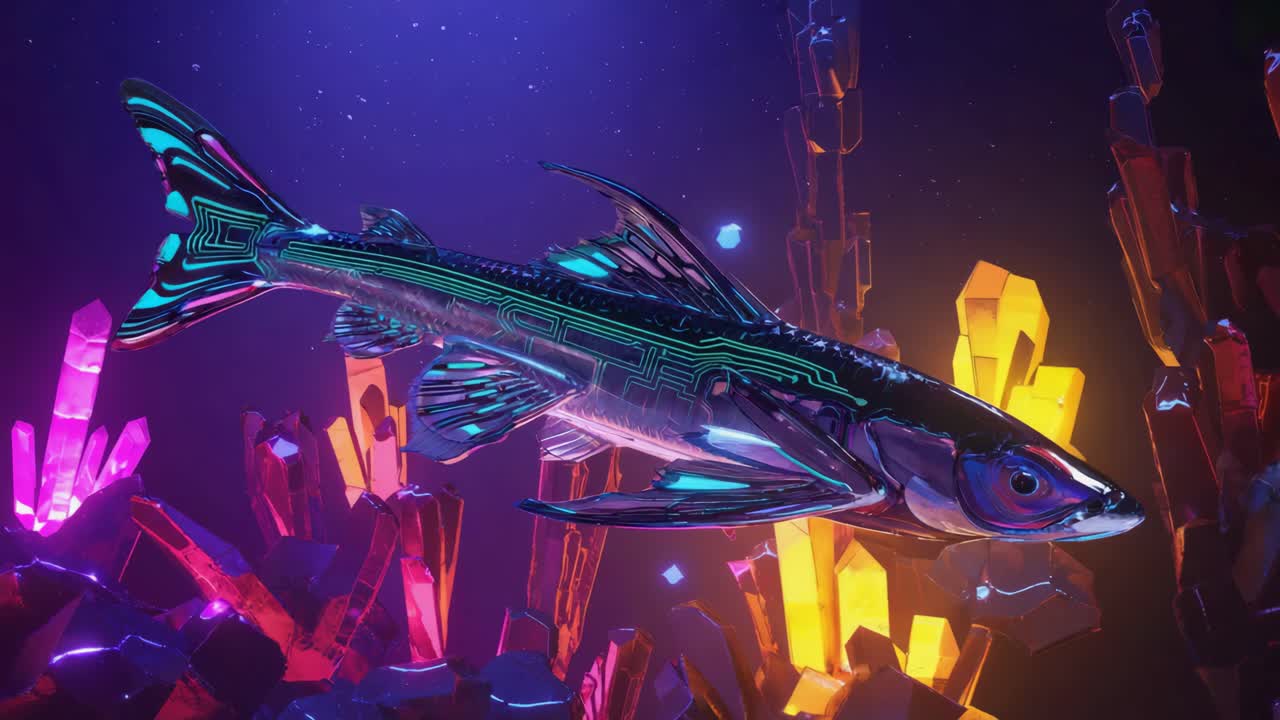 Futuristic Glowing Fish in a Crystal Cave