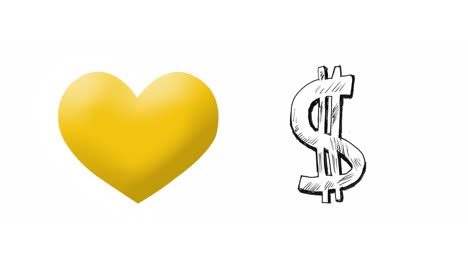 animation of heart and dollar social media emoji icons over white background