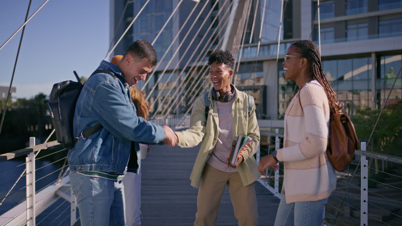 Group of students on a bridge in the city
