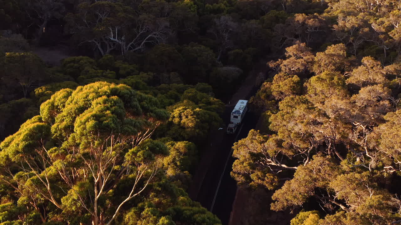 큰 모터카는 해가 지면 서부 오스트레일리아 숲을 통과하고 있습니다.