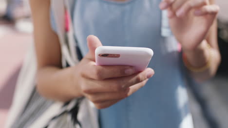 phone, hand and woman scrolling online for social