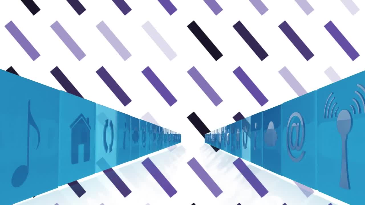 animación de iconos tecnológicos en perspectiva moviéndose sobre un fondo blanco con líneas