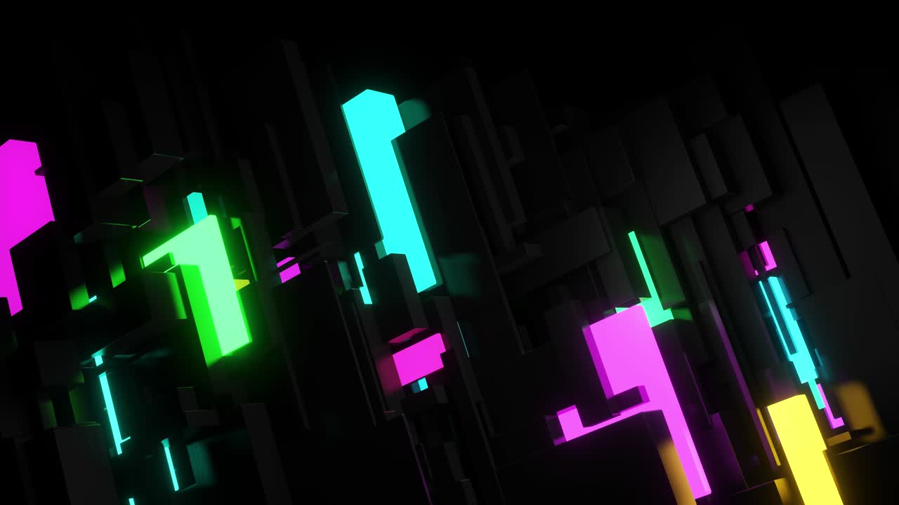 abstract looped 4k fondo oscuro cubos de neón bombillas. visualización de trabajo ai bigdata o tecnología de cadena de bloques. diferentes tamaños de cubos red parpadeando luz de neón multicolor, como la ciudad nocturna.