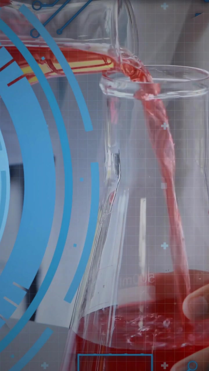 Vertical video: Boy in lab coat grabbing beaker pouring red liquid into carafe HUD guiding demo