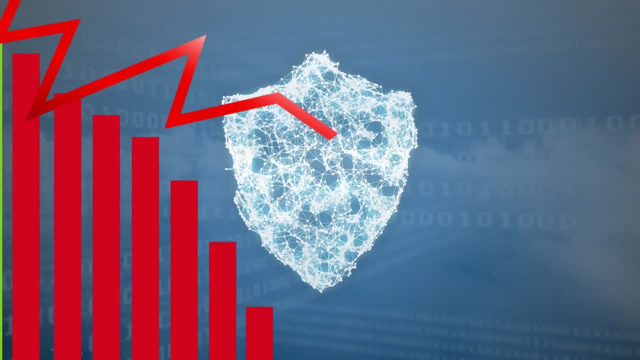 animación del procesamiento de datos estadísticos sobre el icono del escudo de seguridad y la codificación binaria