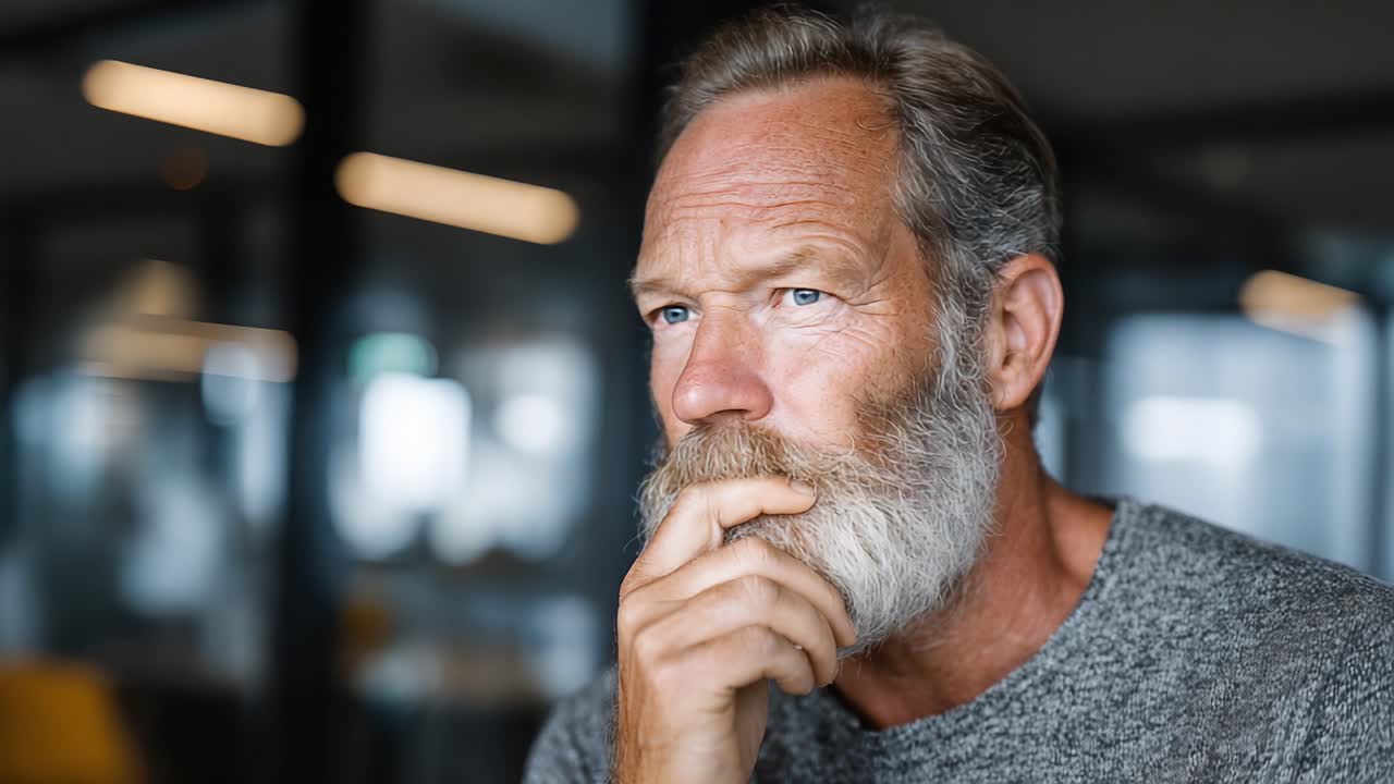 Un uomo anziano contemplativo con un'espressione pensierosa, caratterizzato da una barba folta e occhi blu penetranti, riflette profondamente mentre è seduto in un ambiente interno moderno