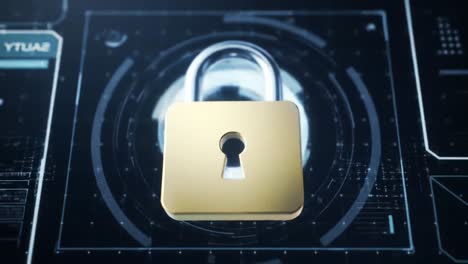 a high-tech padlock securely protects data in a digital environment, symbolizing security and privacy in modern technology and cyber protection solutions