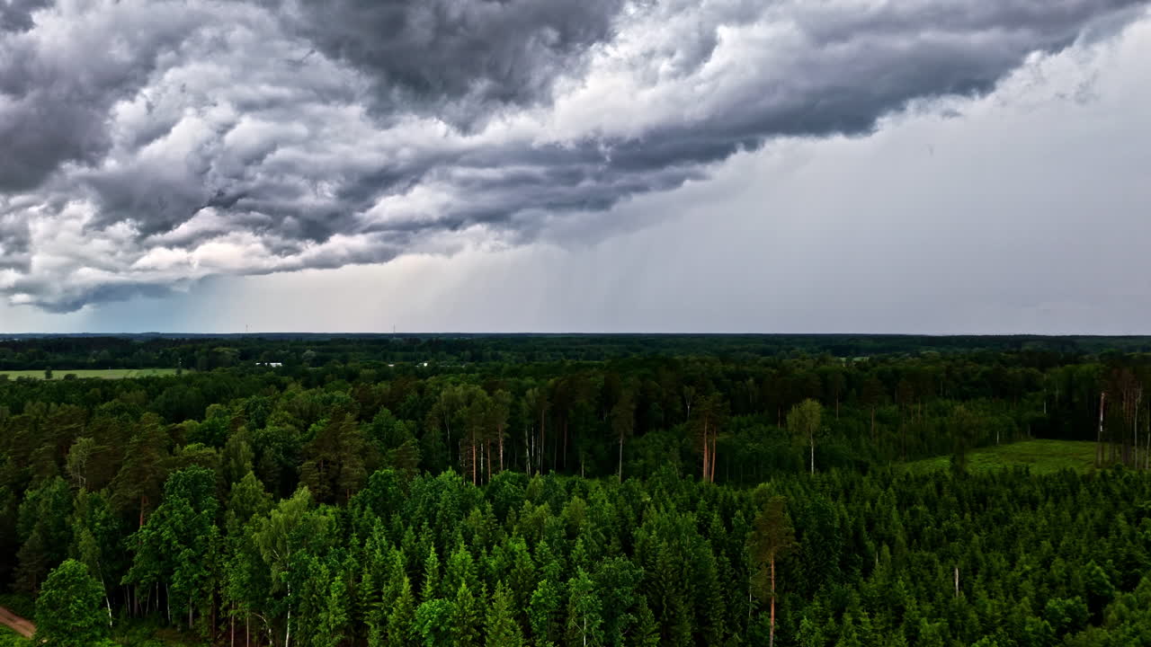Storm clouds gathering above dense pine forest and distant aerial landscape