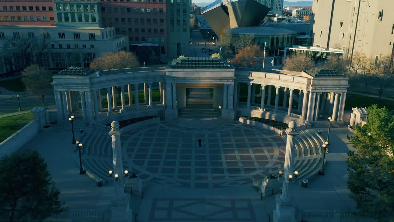 Aerial View of a Public Plaza with Columns and Modern Architecture in Denver