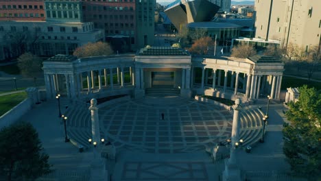 aerial view of a public plaza with columns and modern architecture in denver