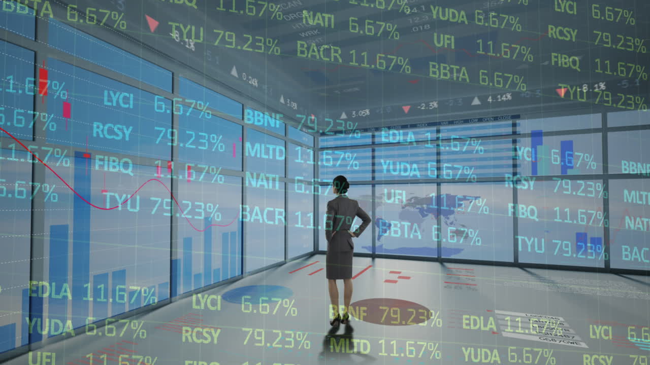 Animación del procesamiento de datos financieros sobre una mujer de negocios