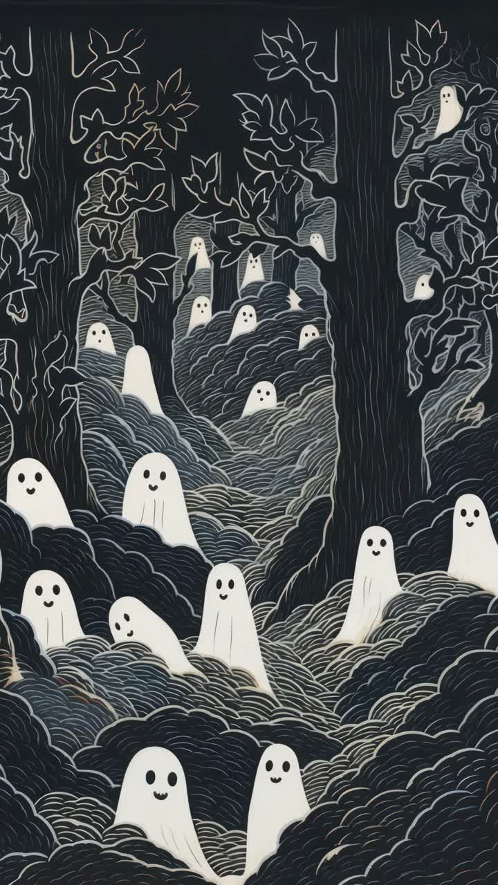 A whimsical video concept featuring cartoon ghosts in a dark forest