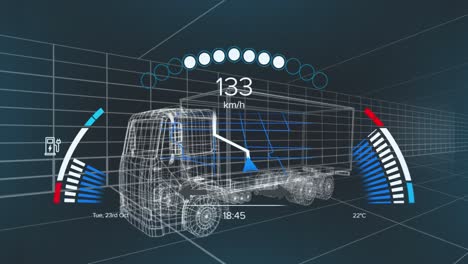 animation of speedometer data processing over 3d truck drawing