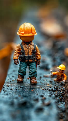 tiny construction figures working on a rugged terrain