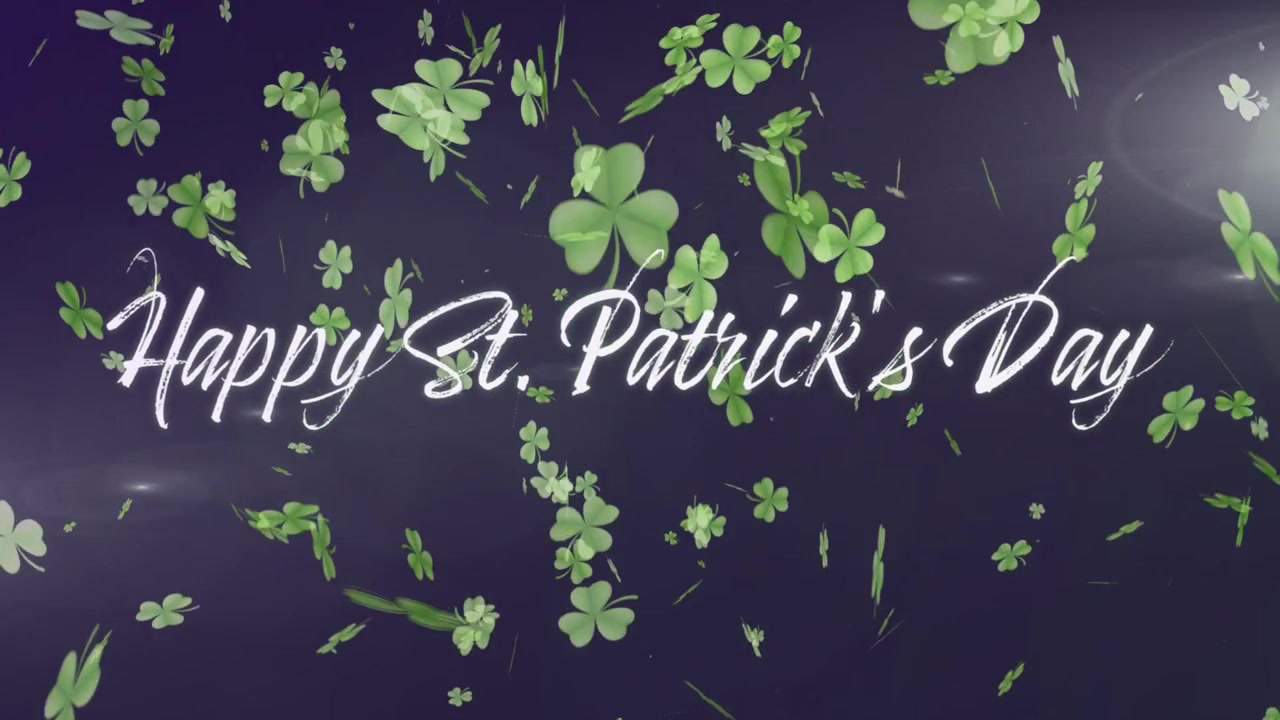Happy St Patrick's Day text fading and drawing, clovers rotating inward starting vortex celebrating
