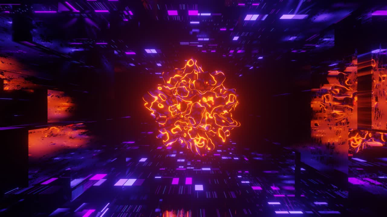 3d object or structure rotates and moves inside glass mirror tunnel with neon light, bright reflections. Ball. Fantastic abstract bg looped in 4k. Vj for show. Sci fi bg fly through hi tech tunnel