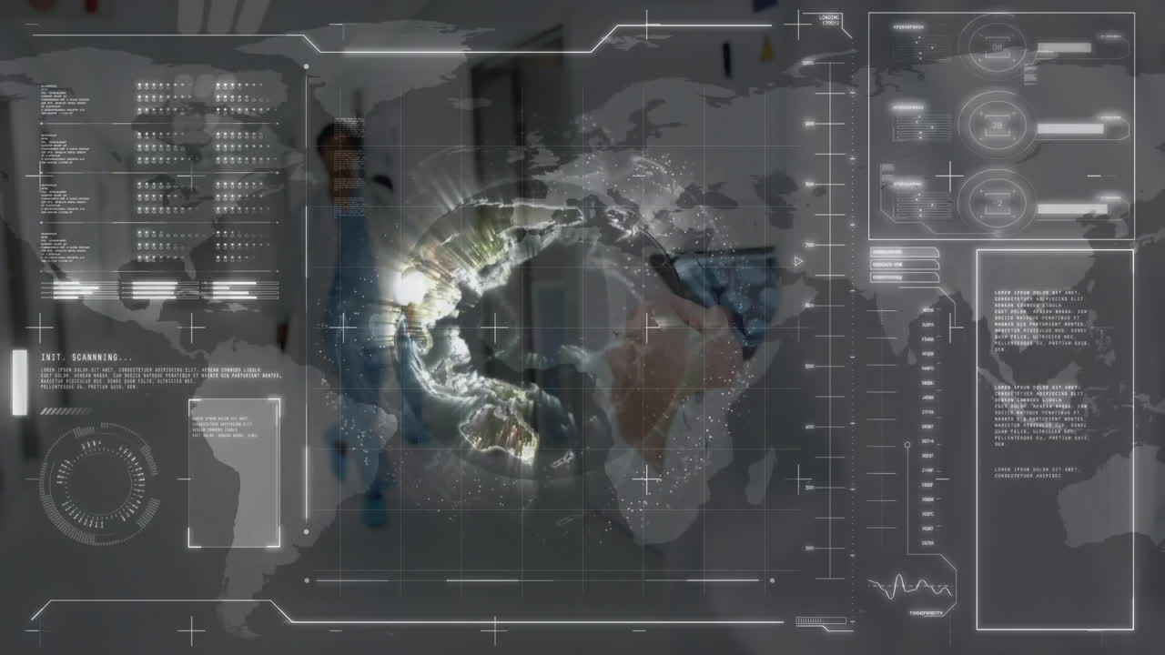 medical team scanning holographic Earth globe while analyzing digital gauges in technology corridor