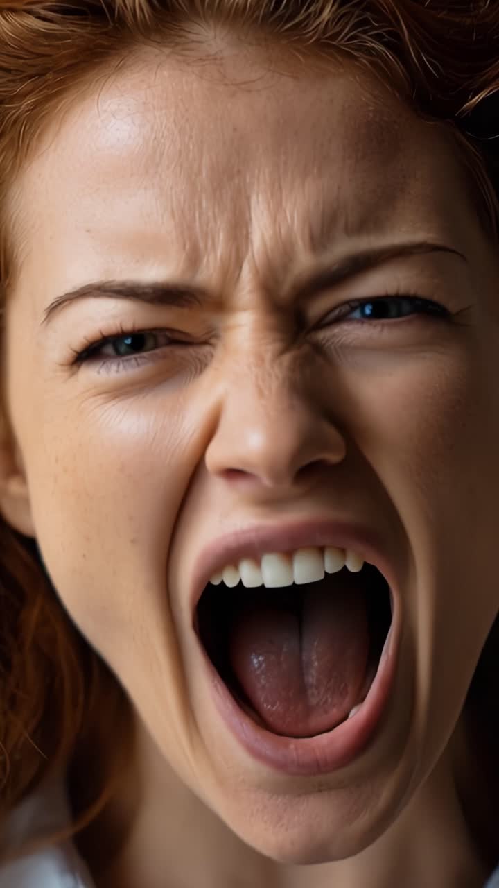 Emozioni intense: una serie di fotogrammi che catturano rabbia e passione crude attraverso un primo piano di una donna che urla, trasmettendo un potente messaggio di frustrazione e sfida.