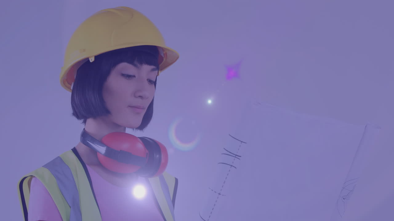 animación de rastros de luz sobre una ingeniera biracial