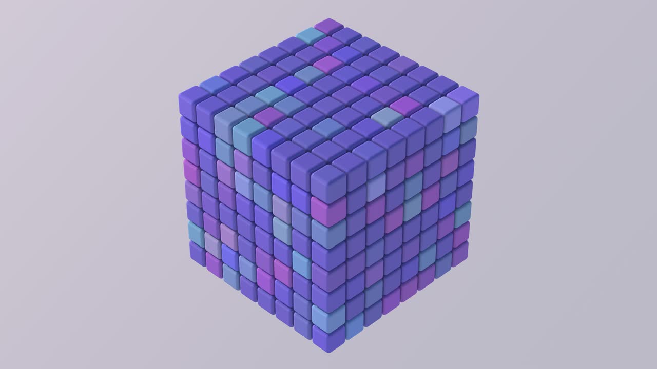 grupo de cubos azules y púrpuras y bolas morphing. animación abstracta, renderizado en 3d.