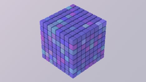 group of blue and purple cubes and balls morphing. abstract animation, 3d render.