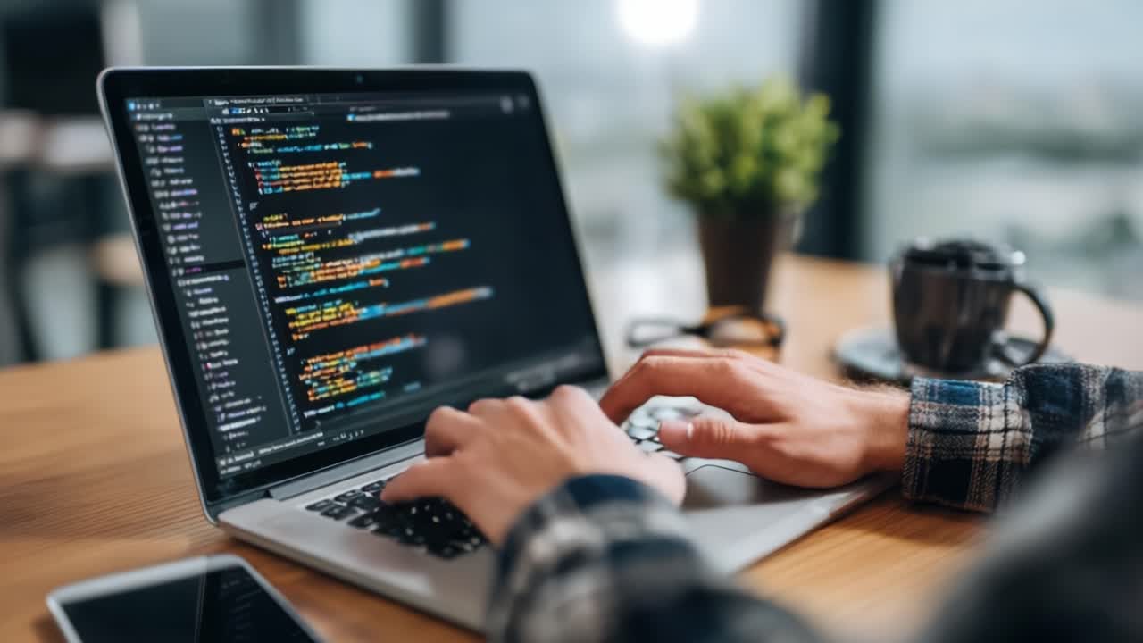Focused coder working on a laptop, immersed in programming tasks with vibrant code displayed on the screen against a bright, inviting workspace atmosphere