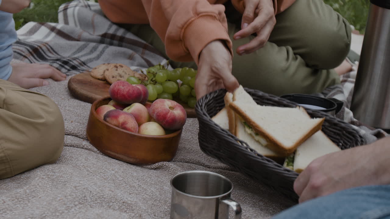 A group enjoys a picnic with fruits and sandwiches