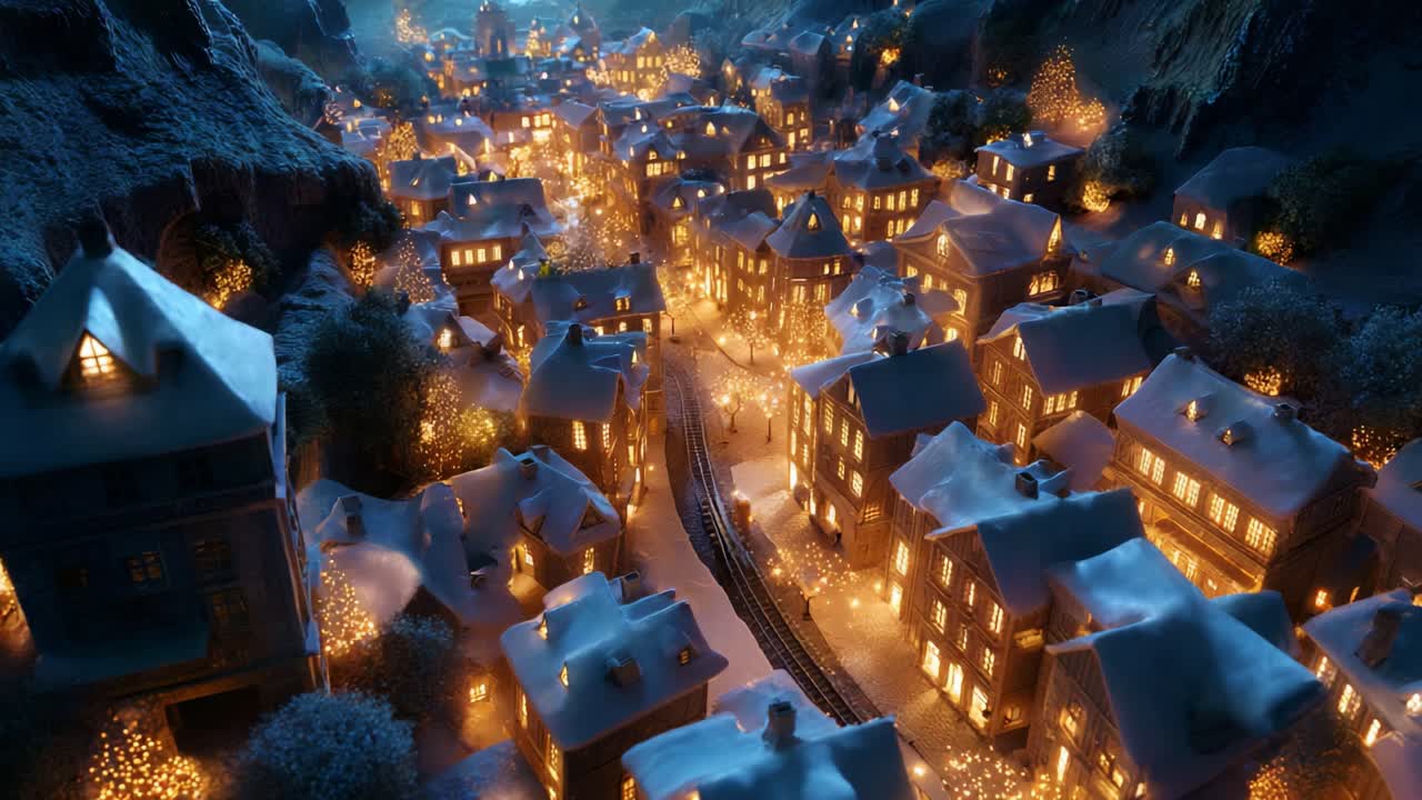 Enchanting View of a Snow-Blanketed Village Illuminated by Warm Lights, Capturing the Magic of Winter Nights with Homes Adorned and a Charming Railway Snaking Through the Welcome Glow