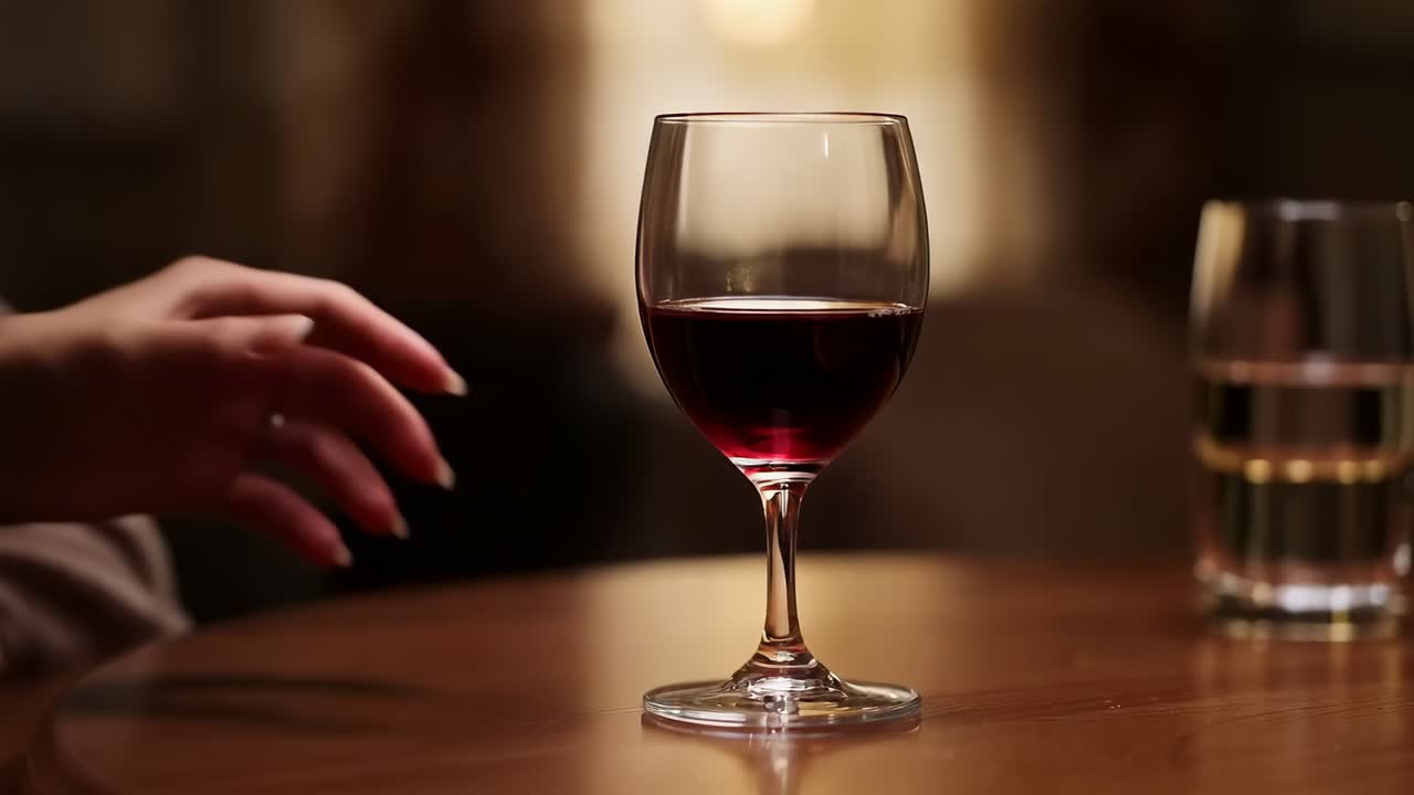 Entrando da sinistra, mano con anello che solleva un bicchiere di vino rosso verso il divano dal tavolino di legno, manica chiara, bicchiere