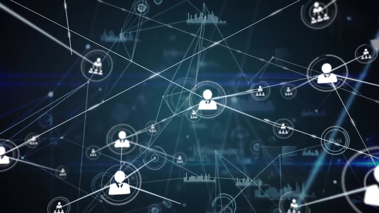 Animation of network of profile icons and data processing against light trails on blue background