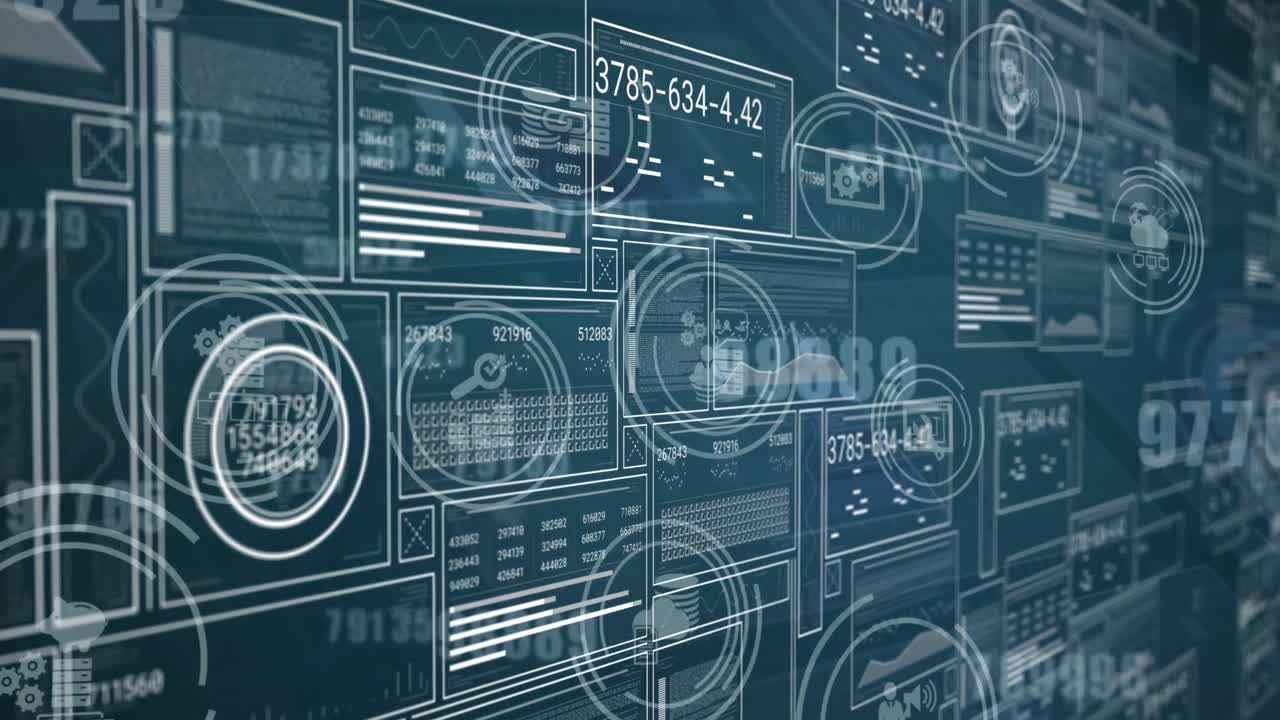 Animation of data processing and media icons over blue background