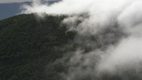 Nubes-Blancas-Moviéndose-Rápidamente-En-Una-Montaña-Soleada-Con-Un-Bosque-De-Abetos-En-Alsacia-En-Francia-En-Un-Momento-Tranquilo-Y-Aterrador-De-Verano