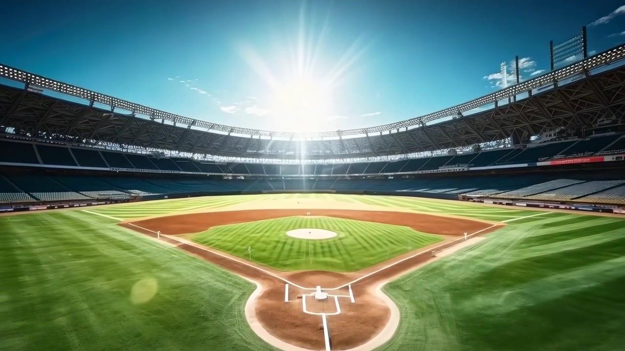 Vista grandangolare di uno stadio di baseball vuoto in una giornata di sole